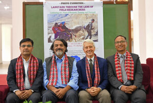 Collaborating faculty wearing Nepalese khata ceremonial scarves, from left to right: Professor Laxman Khanal, Professor Mukesh Chalise, Professor Randy Kyes, Assistant Professor Narayan Koju