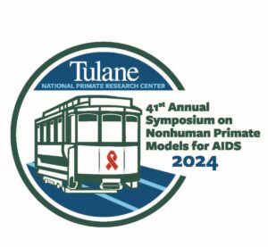 Logo for the Tulane National Primate Research Center Annual Symposium on Nonhuman Pimate Models for AIDS. It shows a trolly car with a red ribbon logo on the front